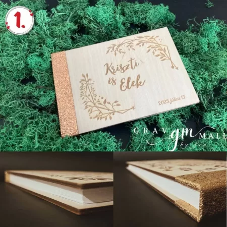 Esküvői vendégkönyv gravírozott fa előlappal ágas