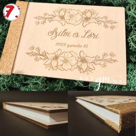 Esküvői vendégkönyv gravírozott fa előlappal